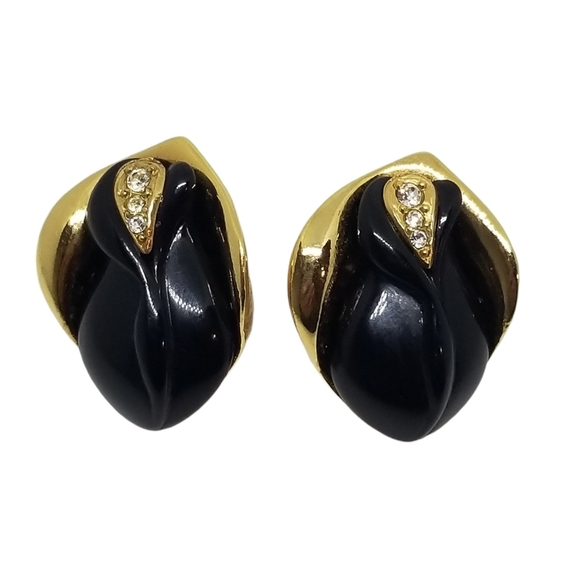 KENNETH JAY LANE FOR AVON 1989 "MIDNIGHT ROSE" BLACK & GOLD STATEMENT EARRINGS - Picture 4 of 6